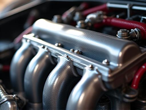Close up of a custom fabricated intake manifold in an engine bay